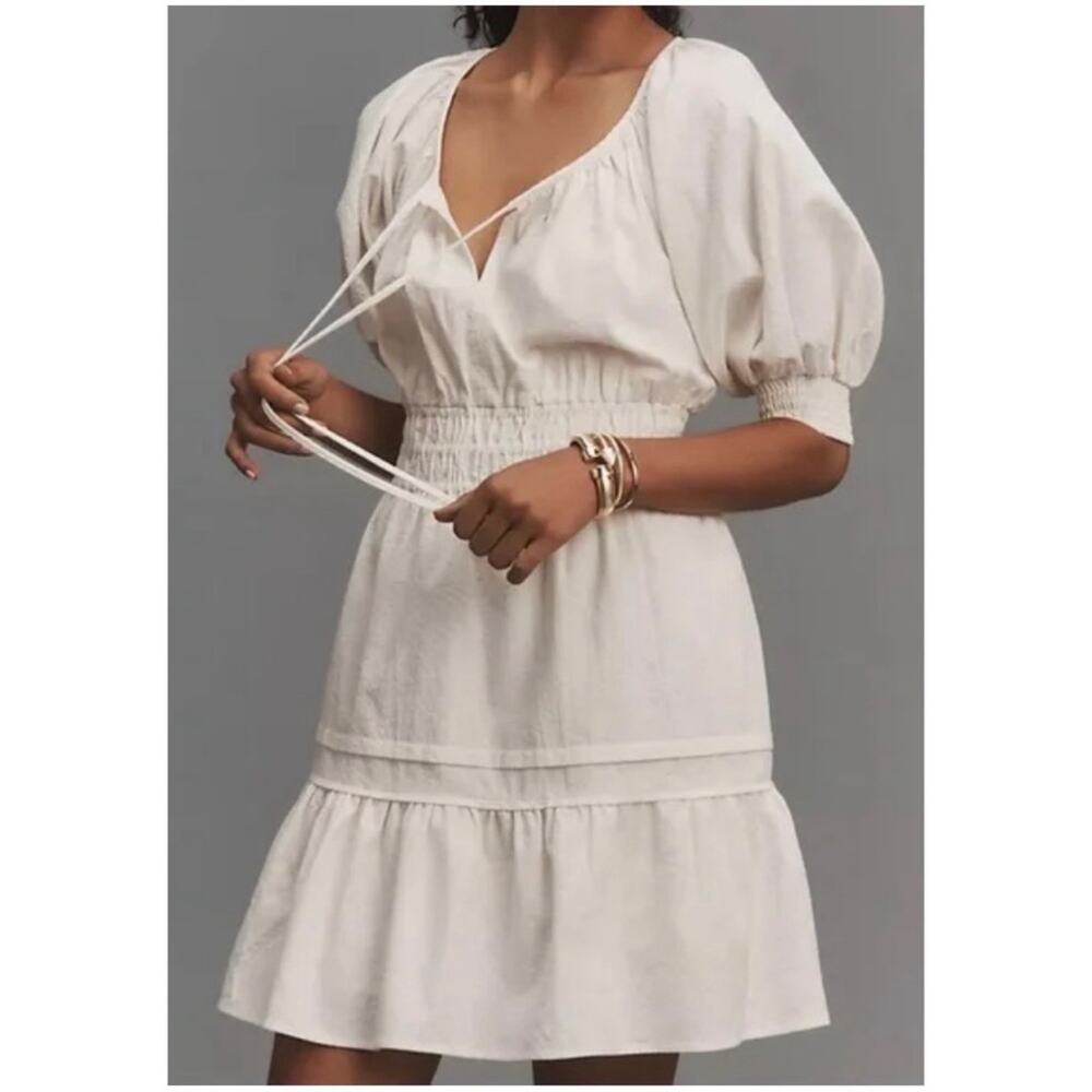 Anthropologie Women’s Sz M Ivory Puff Sleeve Tiered Somerset Mini Dress